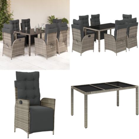 Set da Pranzo da Giardino 7 pz con Cuscini in Polyrattan Grigio - Sedie da giardino reclinabili - Tavolo da giardino
