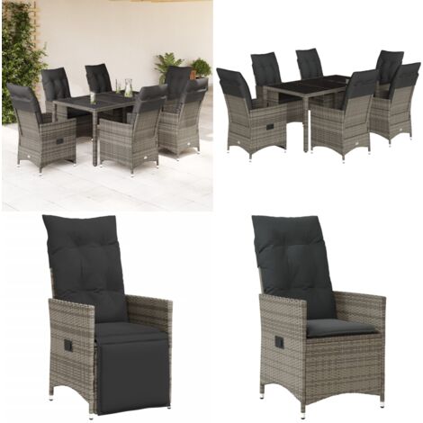 Set da Pranzo da Giardino 7 pz con Cuscini in Polyrattan Grigio - Sedie da giardino reclinabili - Tavolo da giardino
