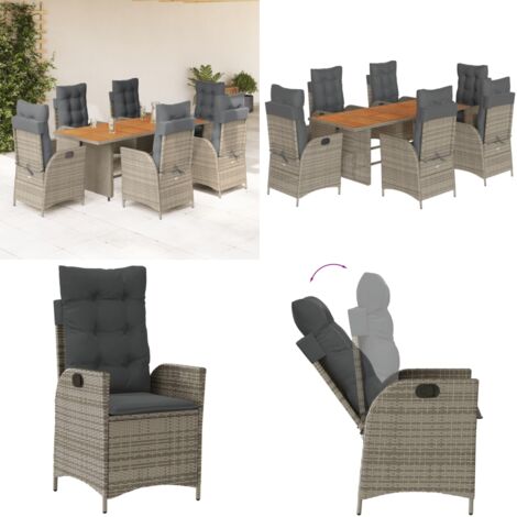 Set da Pranzo da Giardino 7 pz con Cuscini in Polyrattan Grigio - Sedie da giardino reclinabili - Tavolo da giardino