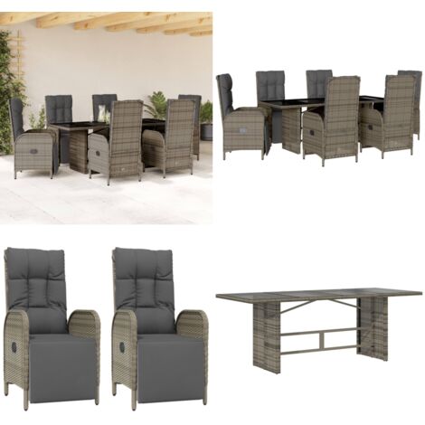 Set da Pranzo da Giardino 7 pz con Cuscini in Polyrattan Grigio - Sedie da giardino reclinabili - Tavolo da giardino