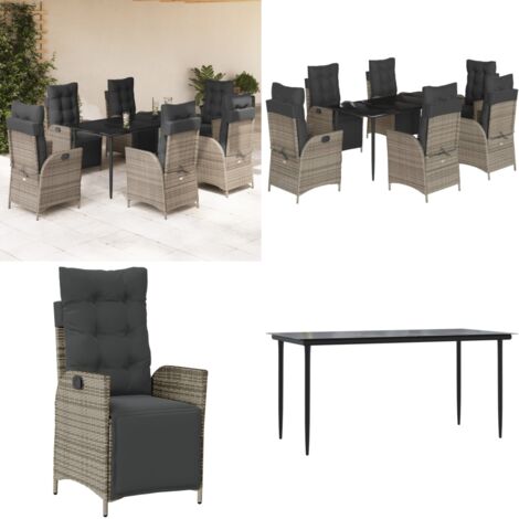 Set da Pranzo da Giardino 7 pz con Cuscini in Polyrattan Grigio - Sedie da giardino reclinabili - Tavolo da giardino