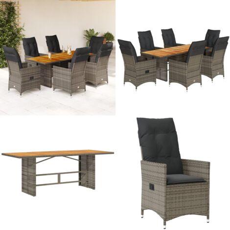 Set da Pranzo da Giardino 7 pz con Cuscini in Polyrattan Grigio - Sedie da giardino reclinabili - Tavolo da giardino