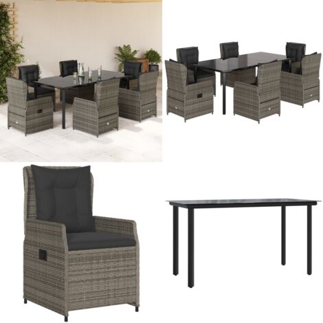 Set da Pranzo da Giardino 7 pz con Cuscini in Polyrattan Grigio - Sedie da giardino reclinabili - Tavolo da giardino