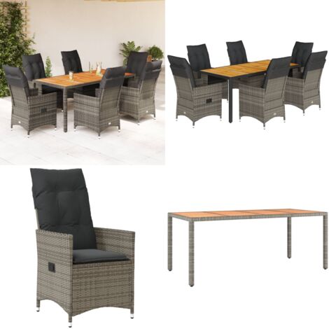 Set da Pranzo da Giardino 7 pz con Cuscini in Polyrattan Grigio - Sedie da giardino reclinabili - Tavolo da giardino