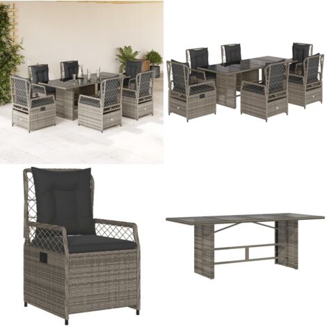 Set da Pranzo da Giardino 7 pz con Cuscini in Polyrattan Grigio - Sedie da giardino reclinabili - Tavolo da giardino
