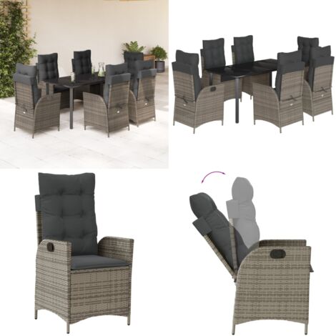 Set da Pranzo da Giardino 7 pz con Cuscini in Polyrattan Grigio - Sedie da giardino reclinabili - Tavolo da giardino