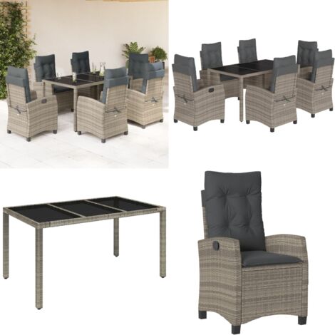Set da Pranzo da Giardino 7 pz con Cuscini in Polyrattan Grigio - Sedie da giardino reclinabili - Tavolo da giardino