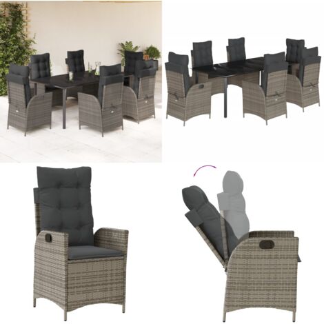 Set da Pranzo da Giardino 7 pz con Cuscini in Polyrattan Grigio - Sedie da giardino reclinabili - Tavolo da giardino