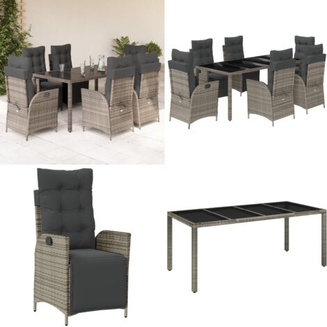 Set da Pranzo da Giardino 7 pz con Cuscini in Polyrattan Grigio - Sedie da giardino reclinabili - Tavolo da giardino