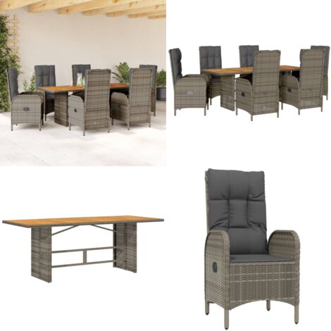 Set da Pranzo da Giardino 7 pz con Cuscini in Polyrattan Grigio - Sedie da giardino reclinabili - Tavolo da giardino