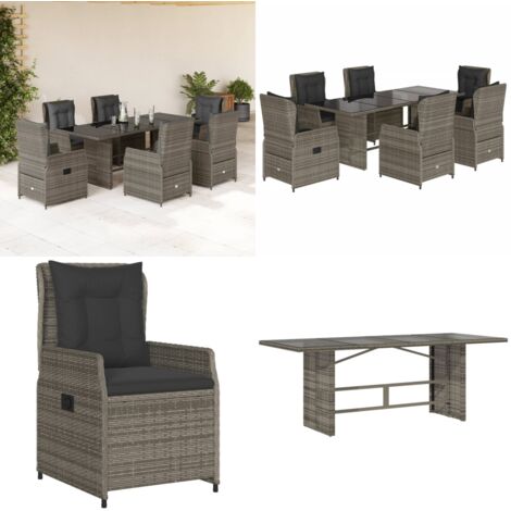Set da Pranzo da Giardino 7 pz con Cuscini in Polyrattan Grigio - Sedie da giardino reclinabili - Tavolo da giardino