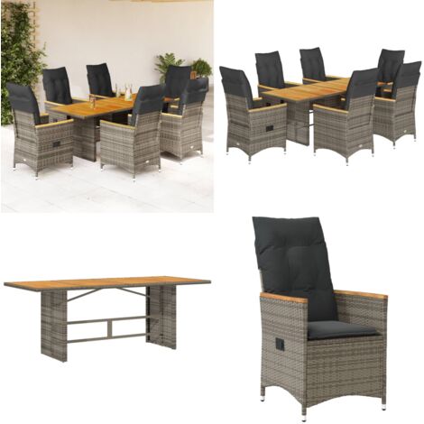 Set da Pranzo da Giardino 7 pz con Cuscini in Polyrattan Grigio - Sedie da giardino reclinabili - Tavolo da giardino