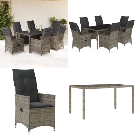 Set da Pranzo da Giardino 7 pz con Cuscini in Polyrattan Grigio - Sedie da giardino reclinabili - Tavolo da giardino