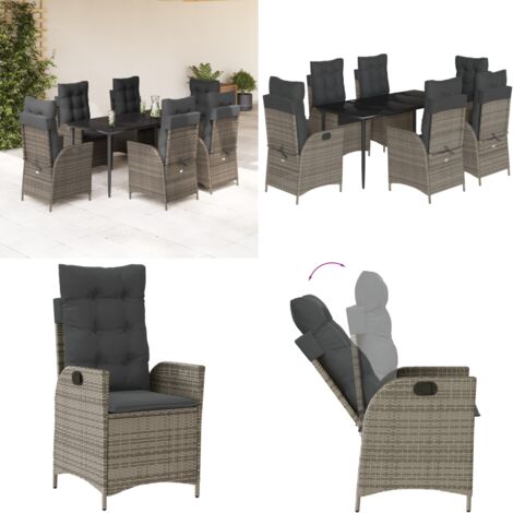 Set da Pranzo da Giardino 7 pz con Cuscini in Polyrattan Grigio - Sedie da giardino reclinabili - Tavolo da giardino