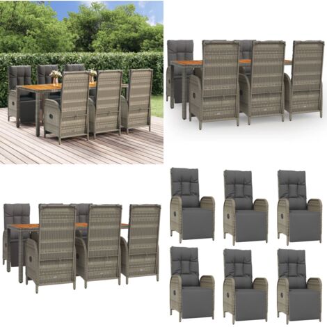 Set da Pranzo da Giardino 7 pz con Cuscini in Polyrattan Grigio - Sedie da giardino reclinabili - Tavolo da giardino