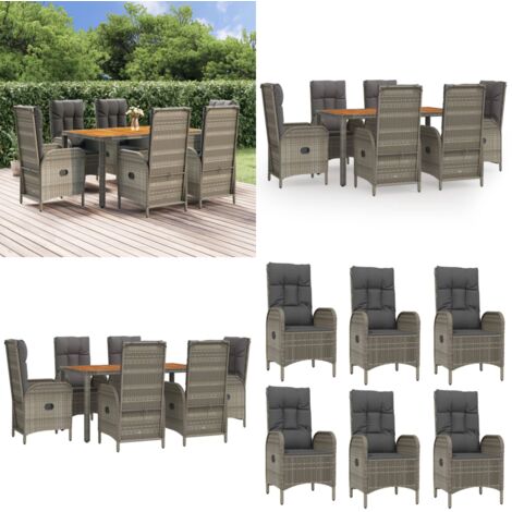Set da Pranzo da Giardino 7 pz con Cuscini in Polyrattan Grigio - Sedie da giardino reclinabili - Tavolo da giardino