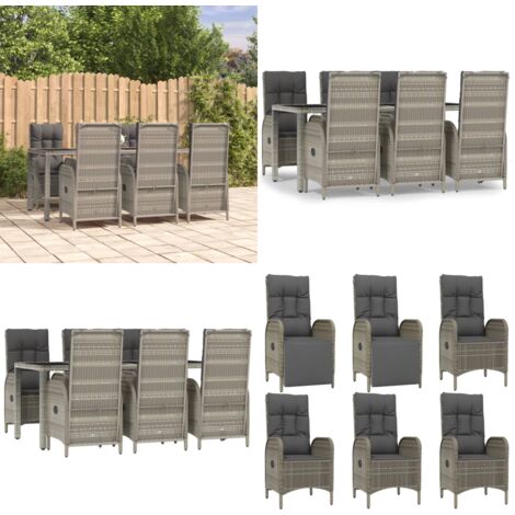 Set da Pranzo da Giardino 7 pz con Cuscini in Polyrattan Grigio - Sedie da giardino reclinabili - Tavolo da giardino