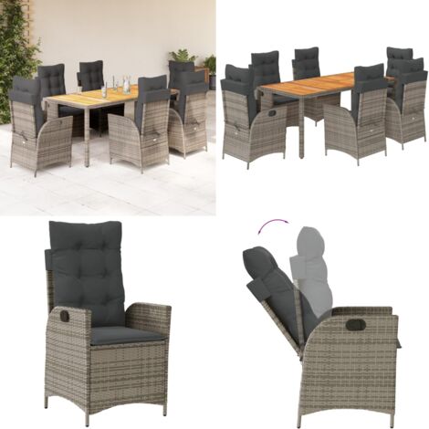 Set da Pranzo da Giardino 7 pz con Cuscini in Polyrattan Grigio - Sedie da giardino reclinabili - Tavolo da giardino