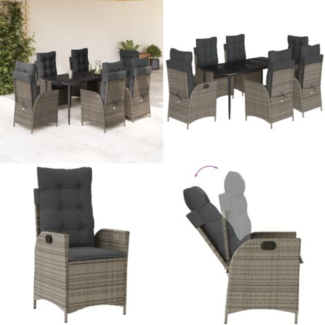 Set da Pranzo da Giardino 7 pz con Cuscini in Polyrattan Grigio - Sedie da giardino reclinabili - Tavolo da giardino