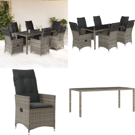 Set da Pranzo da Giardino 7 pz con Cuscini in Polyrattan Grigio - Sedie da giardino reclinabili - Tavolo da giardino