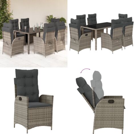 Set da Pranzo da Giardino 7 pz con Cuscini in Polyrattan Grigio - Sedie da giardino reclinabili - Tavolo da giardino