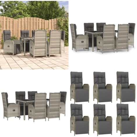 Set da Pranzo da Giardino 7 pz con Cuscini in Polyrattan Grigio - Sedie da giardino reclinabili - Tavolo da giardino