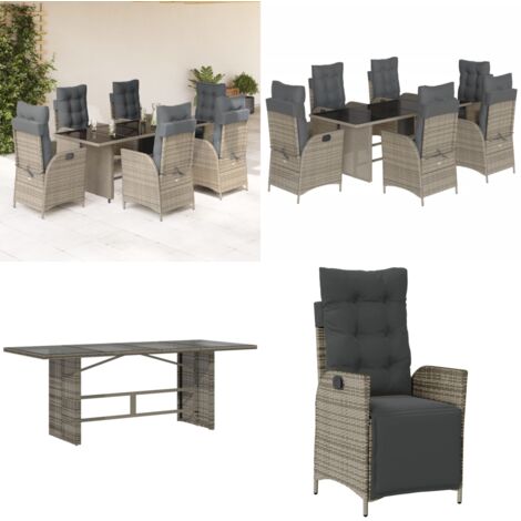 Set da Pranzo da Giardino 7 pz con Cuscini in Polyrattan Grigio - Sedie da giardino reclinabili - Tavolo da giardino