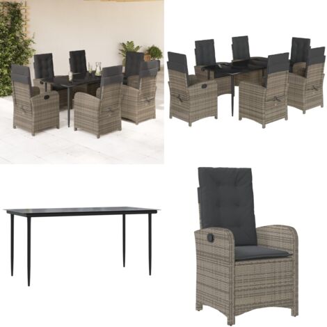 Set da Pranzo da Giardino 7 pz con Cuscini in Polyrattan Grigio - Sedie da giardino reclinabili - Tavolo da giardino