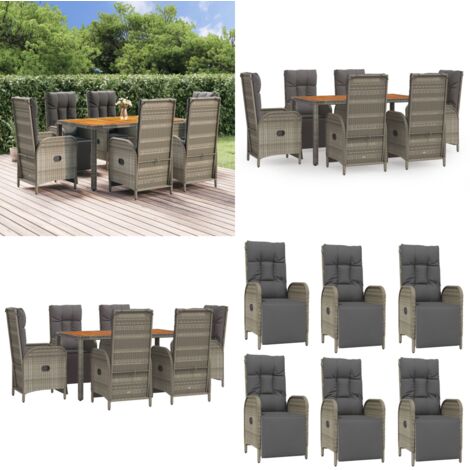 Set da Pranzo da Giardino 7 pz con Cuscini in Polyrattan Grigio - Sedie da giardino reclinabili - Tavolo da pranzo da esterno