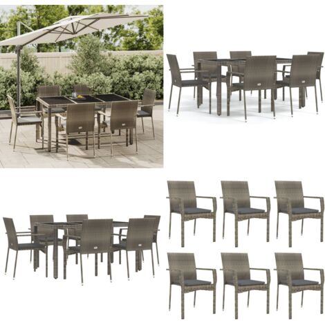 Set da Pranzo da Giardino 7 pz con Cuscini in Polyrattan Grigio - Sedie da giardino - Tavolo da giardino