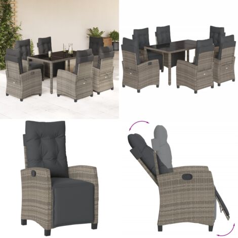 Set da Pranzo da Giardino 7 pz con Cuscini in Polyrattan Grigio - Sedie da giardino - Tavolo da giardino