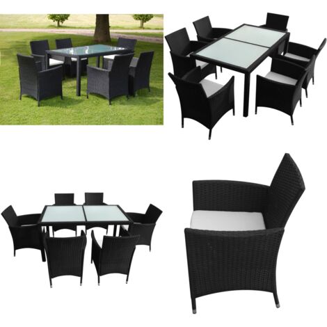 Set da Pranzo da Giardino 7 pz con Cuscini in Polyrattan Nero - Tavolo da pranzo da esterno - Sedie da giardino