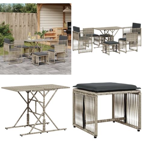 Set da Pranzo da Giardino 7 pz Cuscini Polyrattan Grigio Chiaro - Sedie da giardino - Poltrone da giardino