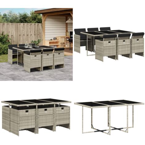 Set da Pranzo da Giardino 7 pz Cuscini Polyrattan Grigio Chiaro - Sedie da giardino - Tavolo da giardino
