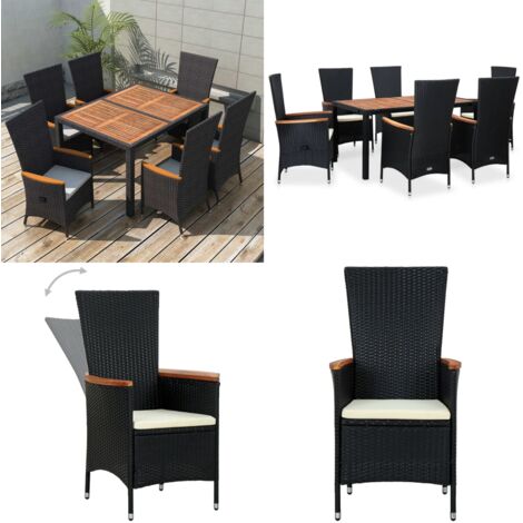 Set da Pranzo da Giardino 7 pz in Polyrattan e Acacia Nero - Tavolo da pranzo esterno - Sedie da giardino