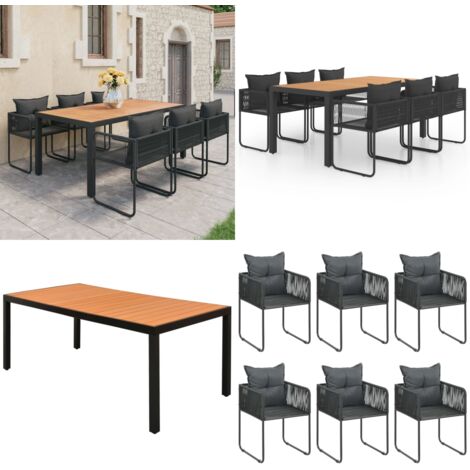 Set da Pranzo da Giardino 7 pz in Rattan PVC Nero e Marrone - Tavolo da giardino - Sedie da giardino