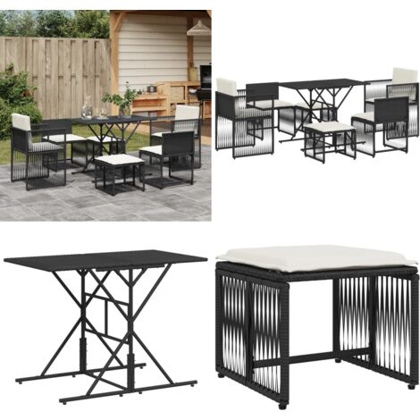 Set da Pranzo da Giardino 7 pz Nero con Cuscini in Polyrattan - Sedie da giardino - Poltrone da giardino