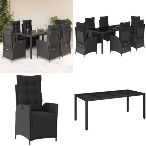 Set da Pranzo da Giardino 7 pz Nero con Cuscini in Polyrattan - Sedie da giardino reclinabili - Tavolo da giardino