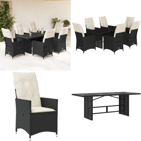 Set da Pranzo da Giardino 7 pz Nero con Cuscini in Polyrattan - Sedie da giardino reclinabili - Tavolo da giardino