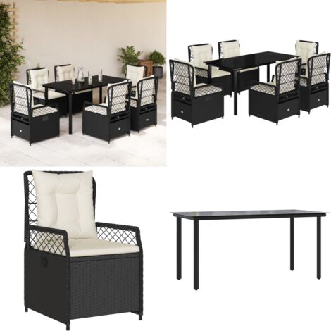 Set da Pranzo da Giardino 7 pz Nero con Cuscini in Polyrattan - Sedie da giardino reclinabili - Tavolo da giardino