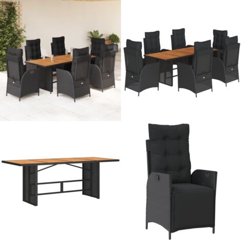 Set da Pranzo da Giardino 7 pz Nero con Cuscini in Polyrattan - Sedie da giardino reclinabili - Tavolo da giardino