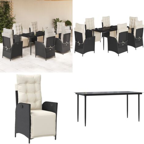 Set da Pranzo da Giardino 7 pz Nero con Cuscini in Polyrattan - Sedie da giardino reclinabili - Tavolo da giardino