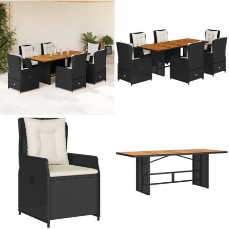 Set da Pranzo da Giardino 7 pz Nero con Cuscini in Polyrattan - Sedie da giardino reclinabili - Tavolo da giardino