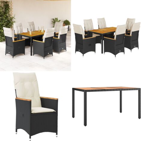 Set da Pranzo da Giardino 7 pz Nero con Cuscini in Polyrattan - Sedie da giardino reclinabili - Tavolo da giardino