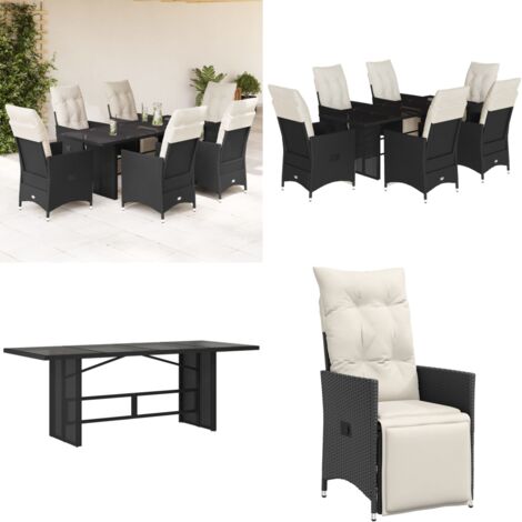 Set da Pranzo da Giardino 7 pz Nero con Cuscini in Polyrattan - Sedie da giardino reclinabili - Tavolo da giardino