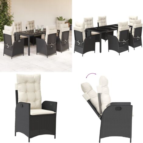 Set da Pranzo da Giardino 7 pz Nero con Cuscini in Polyrattan - Sedie da giardino reclinabili - Tavolo da giardino