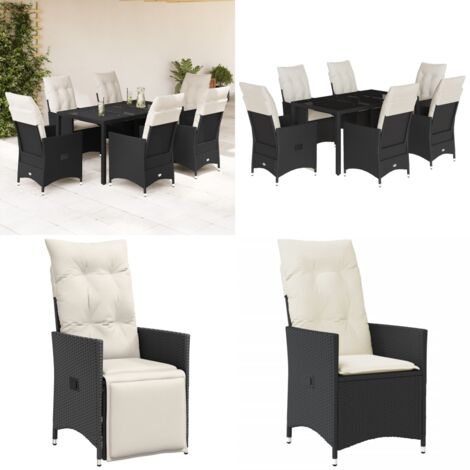 Set da Pranzo da Giardino 7 pz Nero con Cuscini in Polyrattan - Sedie da giardino reclinabili - Tavolo da giardino