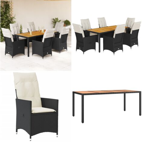 Set da Pranzo da Giardino 7 pz Nero con Cuscini in Polyrattan - Sedie da giardino reclinabili - Tavolo da giardino