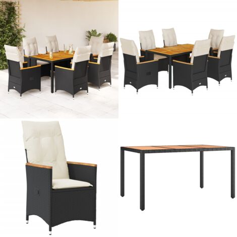 Set da Pranzo da Giardino 7 pz Nero con Cuscini in Polyrattan - Sedie da giardino reclinabili - Tavolo da giardino