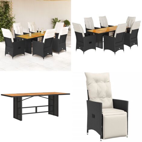 Set da Pranzo da Giardino 7 pz Nero con Cuscini in Polyrattan - Sedie da giardino reclinabili - Tavolo da giardino